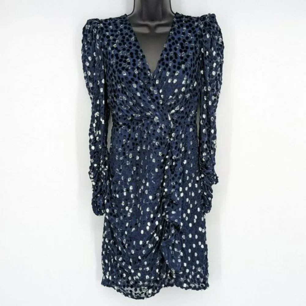 Kate Spade Scatter Dot Dress 6 Navy Silver Faux Wrap Ruffle Velvet Long Sleeve